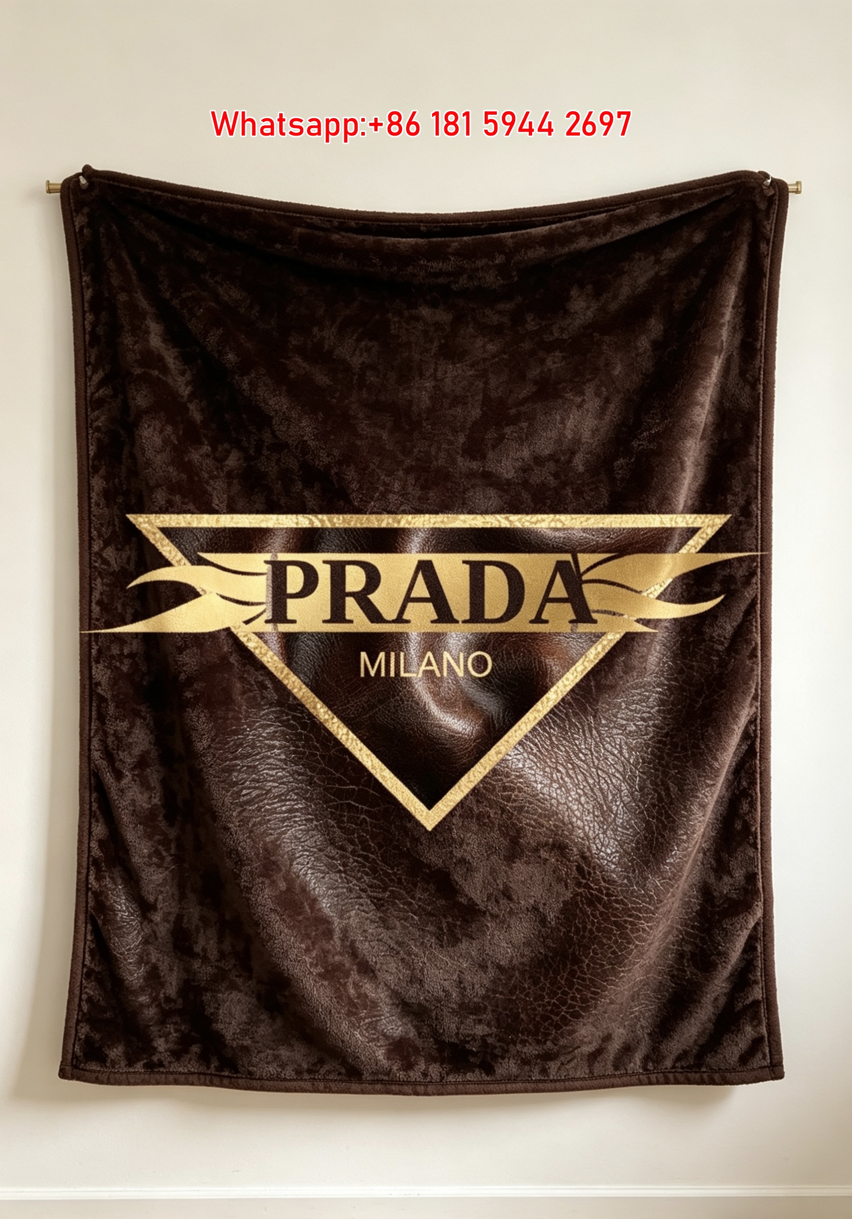 Prada Dark Brown Leather Texture Gold Logo Print Flannel Throw Blanket IMG_2775